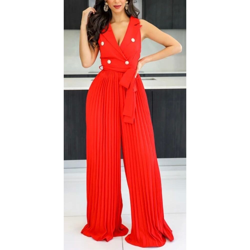 Goodtime USA Red Palazzo Jumpsuit Women’s S Crepe Gold Buttons Tie Waist Glam